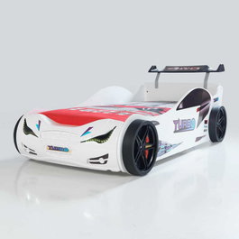 Hanah Home Cama Coche Eko - White con Faros LED, Diseño Infantil de Carreras, 120x230 cm